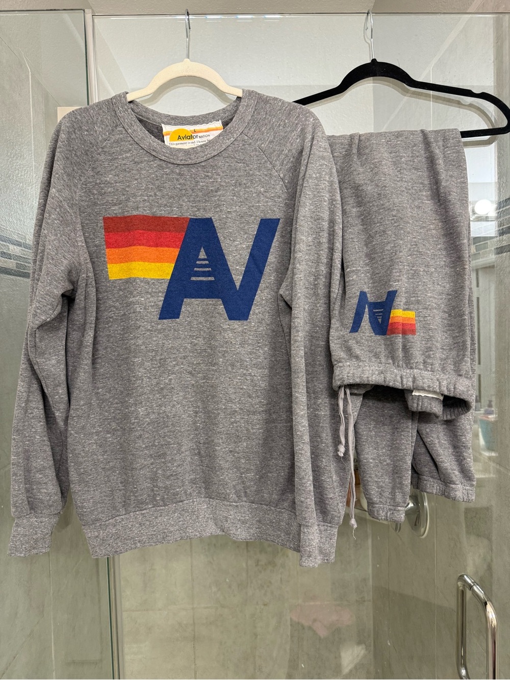 Aviator Nation Grey Logo Sweatshirt & Jogger Set with AV stripe